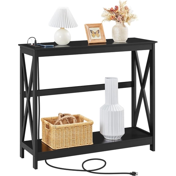 WSWJY 40" Console Table with Power Outlets and USB Ports, Wood Entryway Table with Charging Station & Storage Shelf, Narrow 2-Tier Sofa Table for Living Room Hallway Foyer, Black