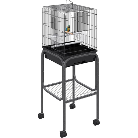 WSWJY 45-inch Metal Indoor Bird Cage, Parrot Cage, Bird Aviary with Detachable Rolling Stand, Storage Basket, and Accessories - Black