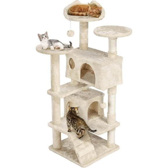 WSWJY 54in Cat Tree, Cat Tower w/Large Cat Condo Scratching Posts and Perch, Cat Stand House Furniture, Beige