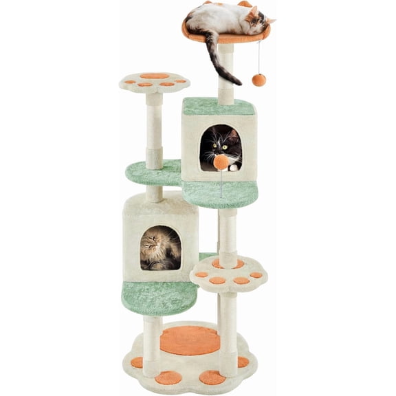 WSWJY 57.5in Cat Tree Tower, Multi-Functional Activity Center w/Cat Paw-Shaped Platform, Scratching Posts, 2 Condos and Dangling Balls for Indoor Cats to Relax