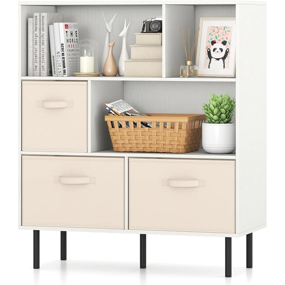 WSWJY 6-Cube Bookshelf, 3-Tier White Bookcase with 3 Removable Folding Fabric Drawers, Freestanding Cube Storage Organizer w/Metal Legs, Modern Display Book Shelf for Living Room, Study