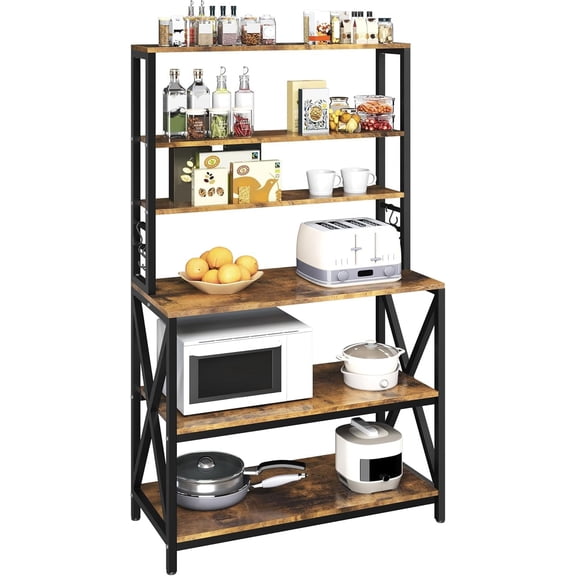 WSWJY 6-Tier Kitchen Bakers Rack, 31.5 Inch Coffee Bar Table, Farmhouse Microwave Oven Stand Cabinet for Small Spaces, Corner Organizer Storage Shelf for Spices and Pots Rustic Brown