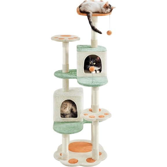WSWJY 65in Cat Tree, Cat Tower with Heart-Shaped Platform, Hanging Ball, Double Condos, Scratching Posts for Indoor Cats, Cat Climbing Frame Bed Furniture, Beige & Green & Orange