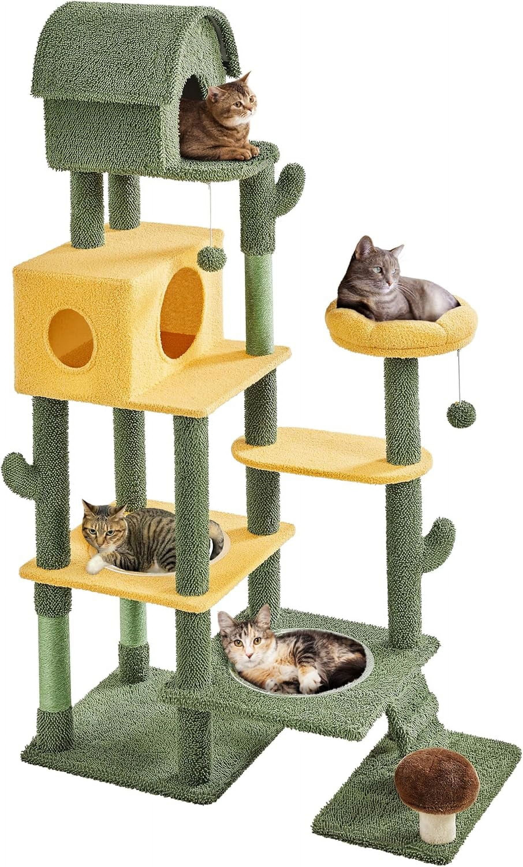 WSWJY 68.5in Tall Cactus Cat Tree, Multi-Level Tower with 2 Large Condos, Scratching Posts, 2 Acrylic Clear Bowls, Mushroom Perch & Dangling Balls