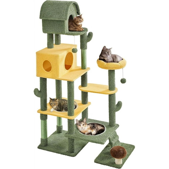 WSWJY 68.5in Tall Cactus Cat Tree, Multi-Level Tower with 2 Large Condos, Scratching Posts, 2 Acrylic Clear Bowls, Mushroom Perch & Dangling Balls