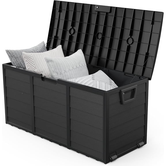 WSWJY 75 Gallon Outdoor Storage Box, Lockable Plastic Storage Containers with Lid, Patio Deck Box Furniture for Garden, Pool, Balcony, Yard (Full Black)