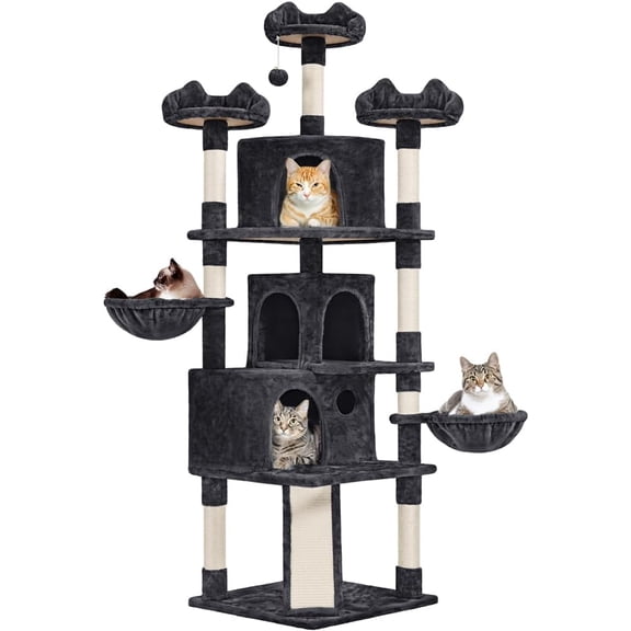 WSWJY 76.5in Multi-Level Large Cat Tree, Big Cat Tower with 3 Condos, Cozy Plush Perches, 9 Sisal Scratching Posts and Ladder, Activity Center for Large Kitties, Black