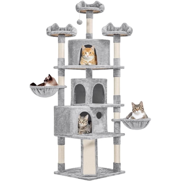 WSWJY 76.5in Multi-Level Large Cat Tree, Big Cat Tower with 3 Condos, Cozy Plush Perches, 9 Sisal Scratching Posts and Ladder, Activity Center for Large Kitties, Light Gray