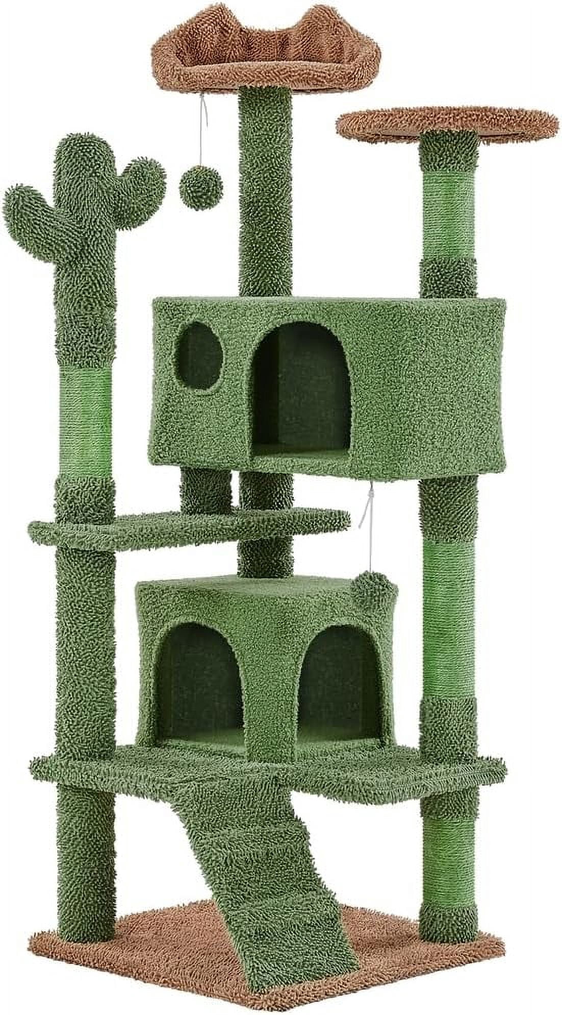 WSWJY Cactus Cat Tree 54.5" Compact Tower, Easy-Climb Ramp, Scratching Posts & Cozy Perches for Kittens and Small Cats, Green Cactus Design