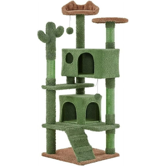 WSWJY Cactus Cat Tree 54.5" Compact Tower, Easy-Climb Ramp, Scratching Posts & Cozy Perches for Kittens and Small Cats, Green Cactus Design
