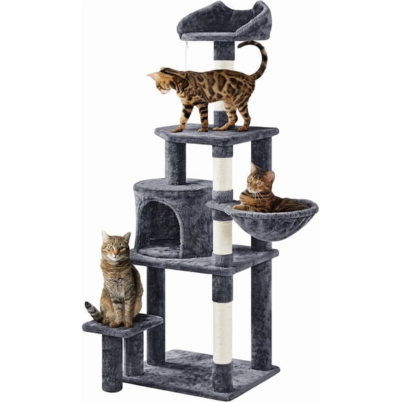 WSWJY Cat Tree 57in, Multi Level Cat Tower with Basket & Condo & Scratching Post & Padded Perch & Extended Platform & Fur Ball