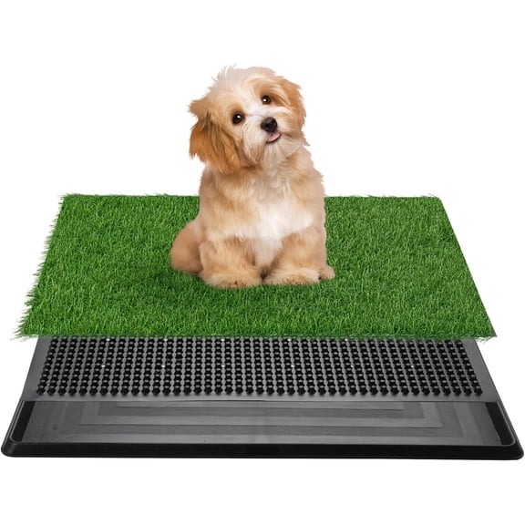 WSWJY Dog Grass Pad with Tray, 25" x 20" Indoor Artificial Grass Pee Pad for Puppy Potty Training, Portable Dog Toilet Pet Loo, 3-Layer System