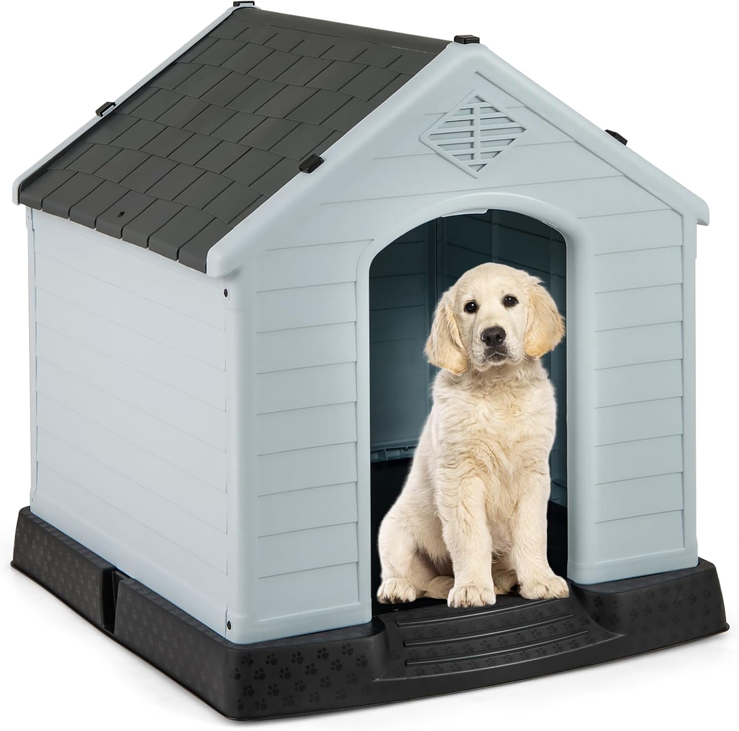 WSWJY Dog House for Medium Dogs, Waterproof Plastic Dog Houses with Air Vents and Elevated Floor, Easy to Assemble, Outdoor Cat House Feeding Station Indoor Patio Backyard Dog Kennel House, Gray