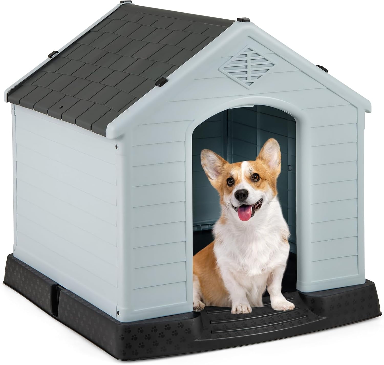WSWJY Dog House for Small Dogs, Waterproof Plastic Dog Houses with Air Vents and Elevated Floor, Easy to Assemble, Outdoor Cat Feeding Station Indoor Patio Backyard Dog Kennel House, Gray