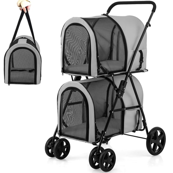 WSWJY Double Pet Stroller with 2 Detachable Carrier Bags, Safety Belt, 4 Lockable Wheels, Folding Cat & Dog Stroller for Small Medium Pets, Cats Dogs Puppy Travel Strolling Cart (Gray)