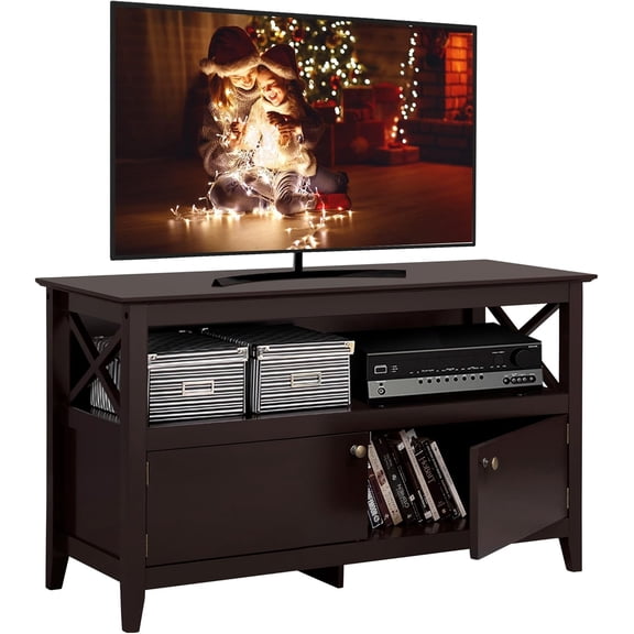 WSWJY Espresso Wooden TV Stand Fits Up to 48 Inch TV, Media Entertainment Console with Open Storage Shelf & 2 Closed Doors, Multipurpose TV Cabinet for Living Room