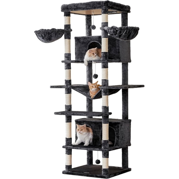 WSWJY Extra Large Cat Tree, 77.6-Inch Tall Cat Tower for Indoor Cats with 2 Condos, Multi-Level Cat Stand for Large Cats, 3 Hammocks, Wide Perch, Scratching Posts, Dangling Toys, Smoky Grey