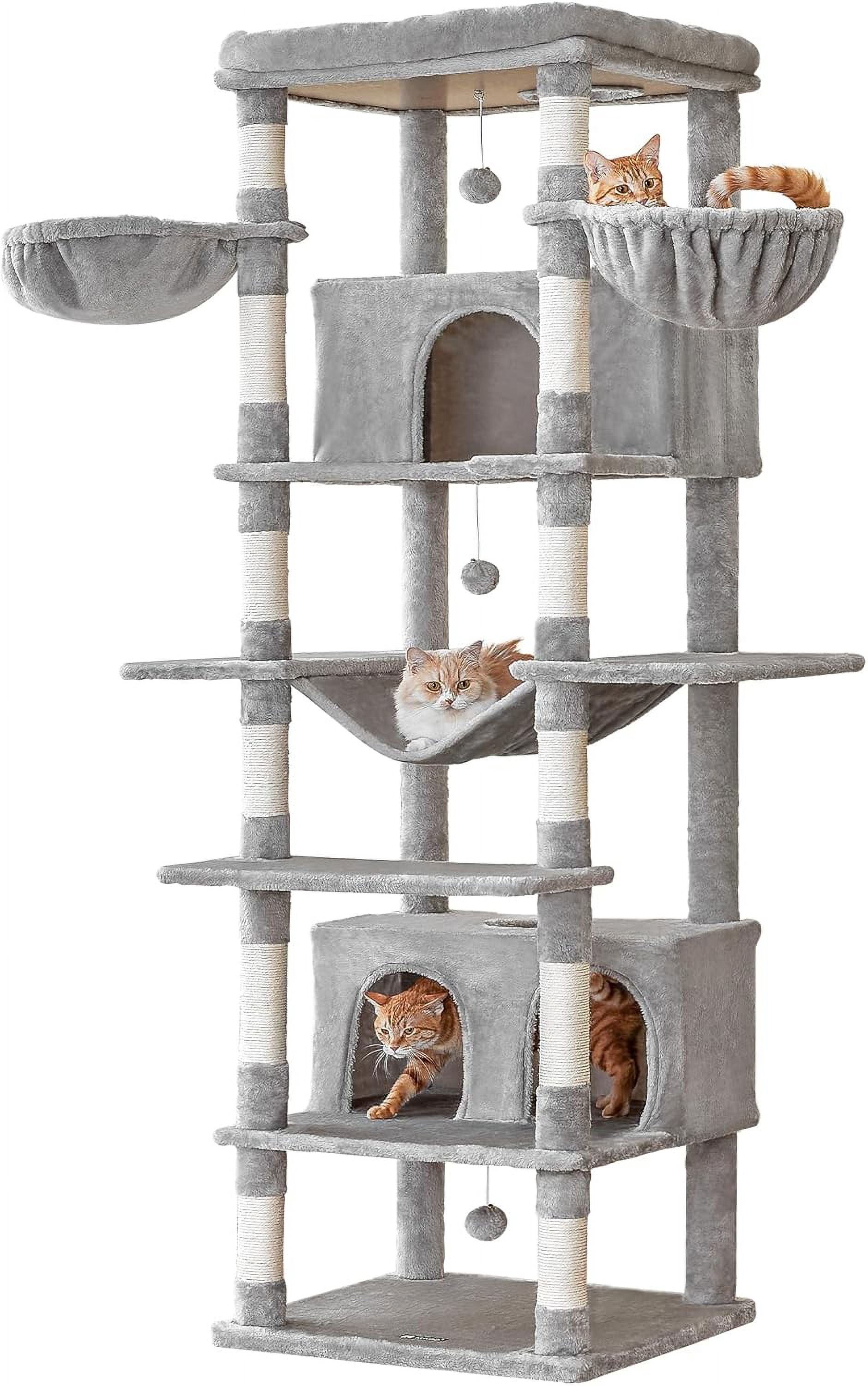WSWJY Extra Large Cat Tree, 77.6-Inch Tall Cat Tower for Indoor Cats with 2 Condos, Multi-Level Cat Stand for Large Cats, 3 Hammocks, Wide Perch, Scratching Posts, Dangling Toys, Light Grey