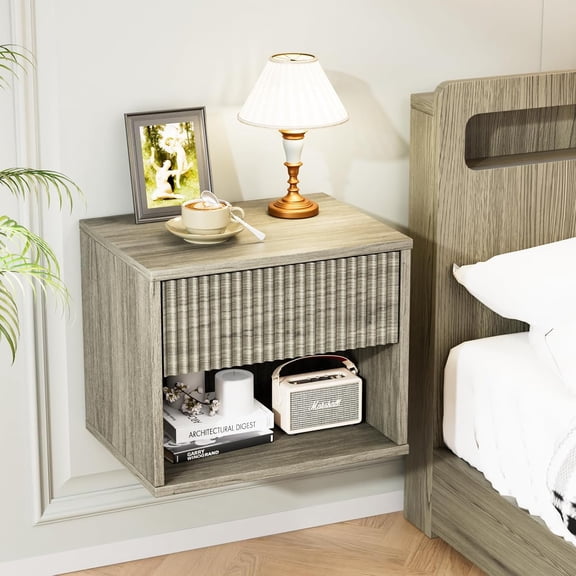 WSWJY Floating Nightstand Gray Fluted Night Stand 1 Drawer Bed Side Table, Storage Nightstand with Drawers, Wood Night Stand End Table for Bedroom, 15.75" W x 11.81" D x 12.83" H