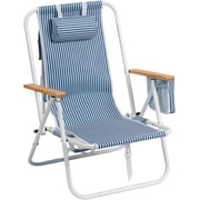 WSWJY Folding Beach Chair, 4 Position Adjustable Reclining Lounge Chair with Padded Headrest, Large Rear & Side Storage Pockets, Lightweight Portable Outdoor Chair for Beach Pool Garden BBQ