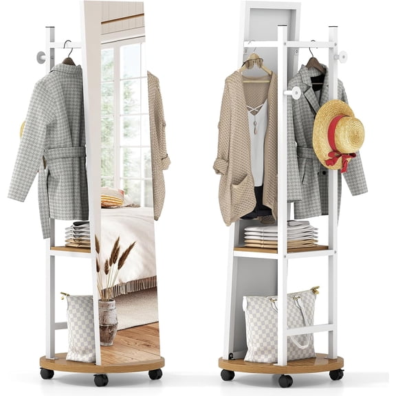 WSWJY Full Length Mirror with Coat Rack, Swivel 55" Standing Floor Mirror on Wheels with Shelves, Hanging Rods & Hooks, Coat Tree with Full Body Mirror for Living Room, Entryway, Bedroom