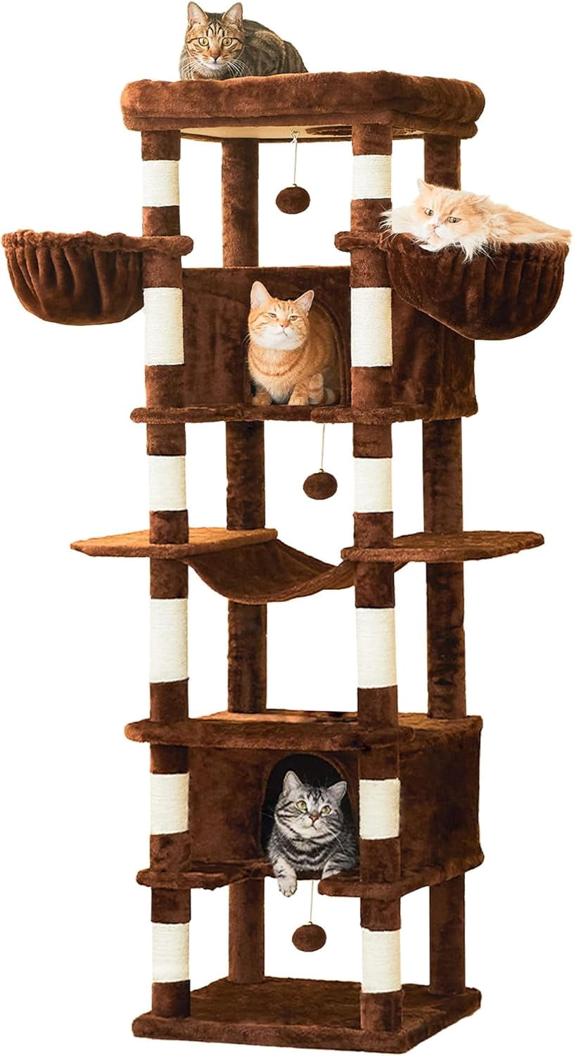 WSWJY Large Cat Tree, 67.7-Inch Tall Cat Tower for Indoor Cats with 2 Large Condos, Multi-Level Cat Stand for Large Cat with 3 Hammocks, Wide Perch, Scratching Posts, Dangling Toys, Brown