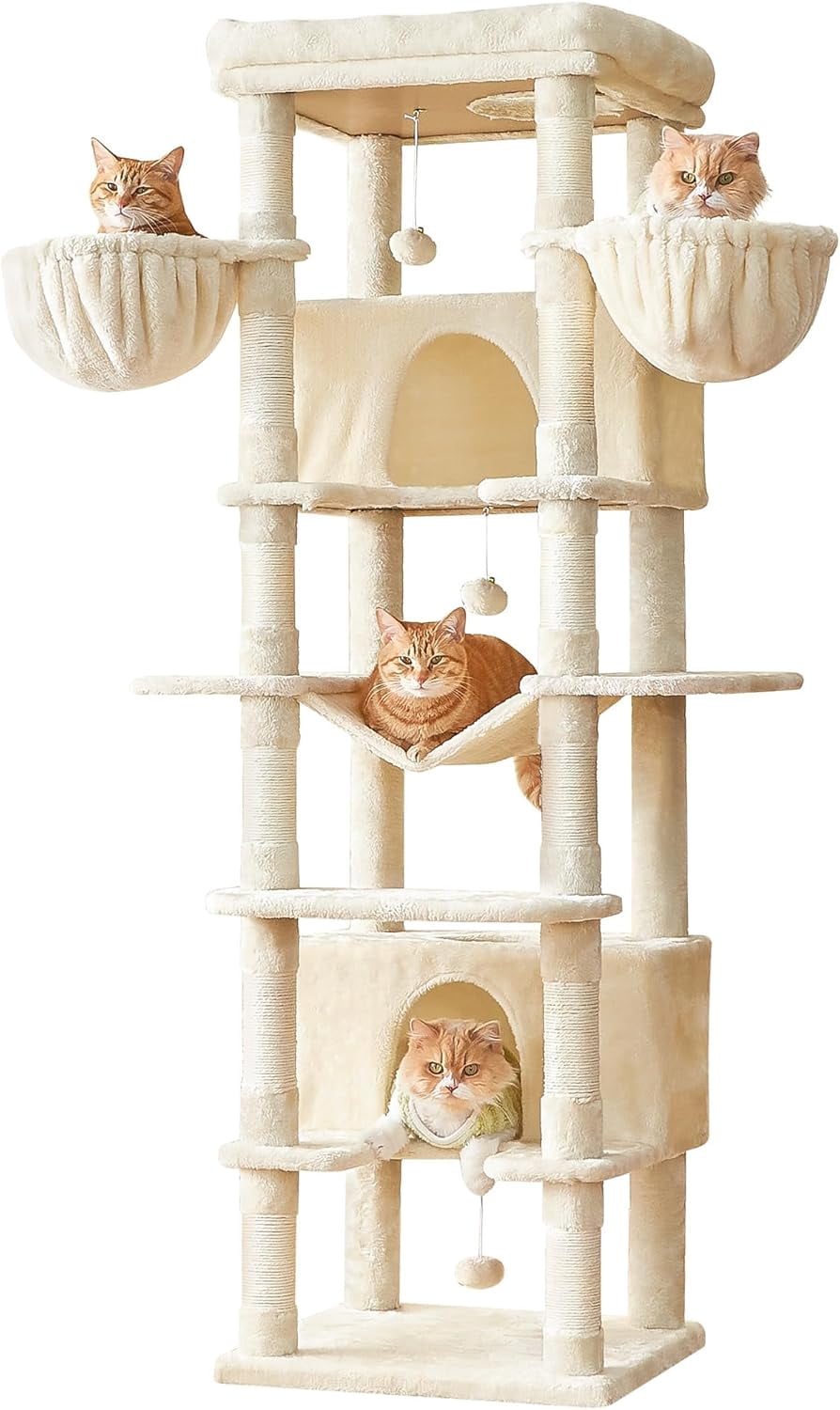 WSWJY Large Cat Tree, 67.7-Inch Tall Tower for Indoor Cats With 2 Condos, Multi-Level Stand With 3 Hammocks, Wide Perch, Scratching Posts, Dangling Toys, Beige