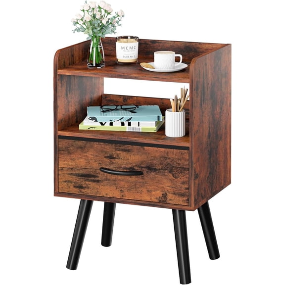 WSWJY Mid Century Modern Nightstand with Drawer, 2-Tier Wooden Bedside Table with Open Storage Shelf, Compact Small Night Stand Furniture for Bedroom Decor Berry Brown