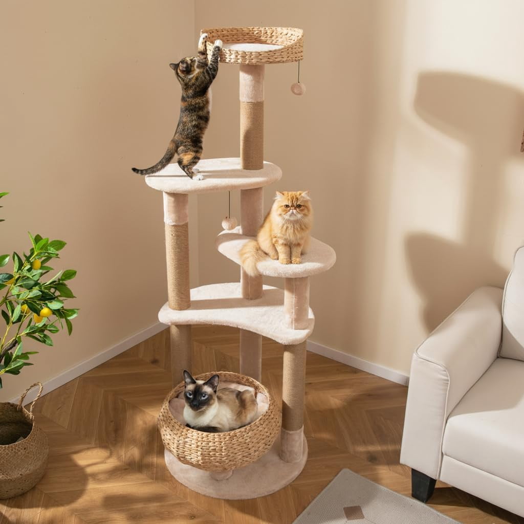 WSWJY Modern Cat Tree, 65 Inch Tall Cat Tower with Jute Scratching Posts, Dangling Balls, Cattail Basket Bed & Top Perch, Removable & Washable Cushions, Aesthetic Cat Tree for Indoor Cats
