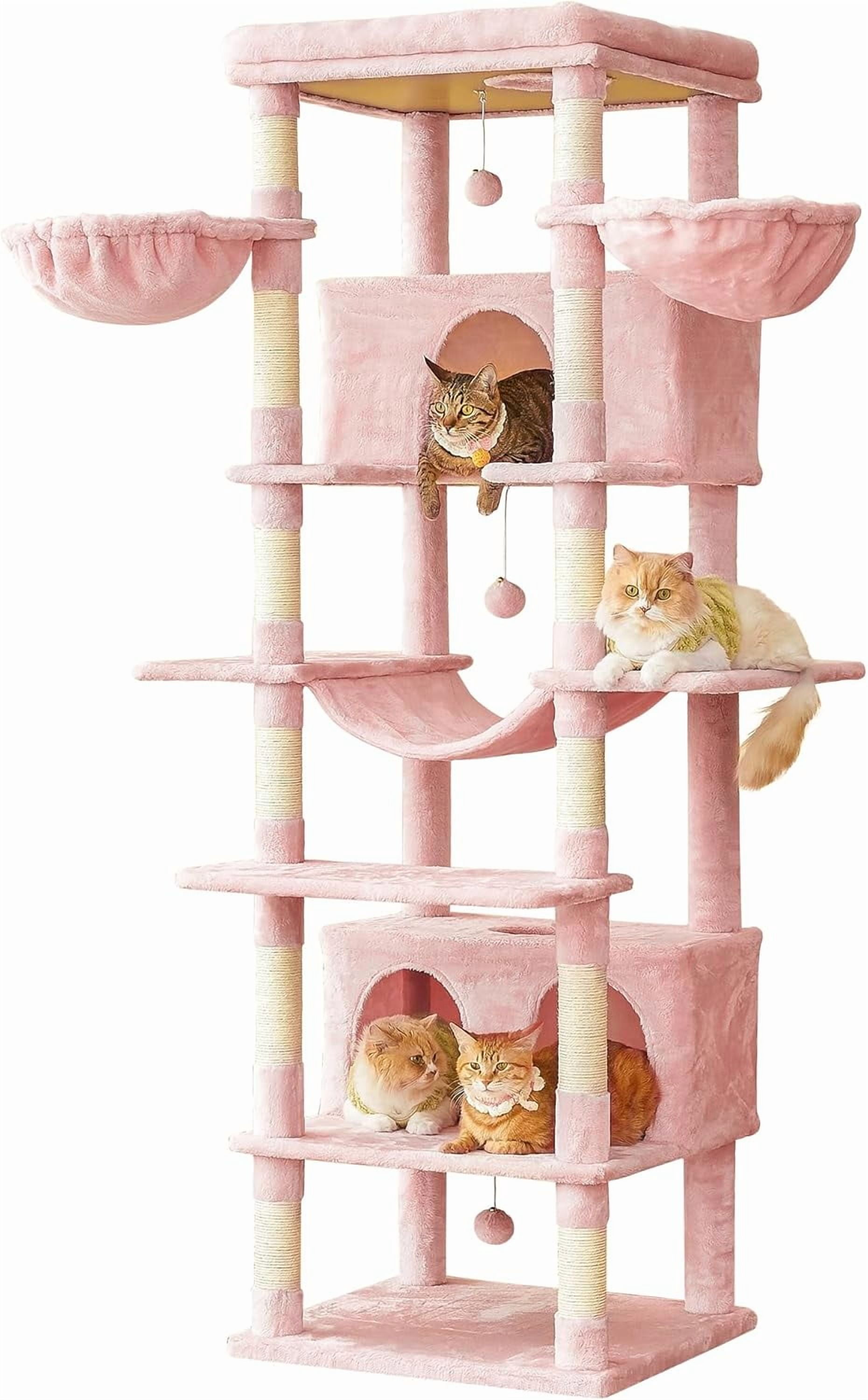 WSWJY Pink Extra Large Cat Tree, 77.6-Inch Tall Cat Tower for Indoor Cats with 2 Condos, Multi-Level Cat Stand for Large Cats, 3 Hammocks, Wide Perch, Scratching Posts, Dangling Toys