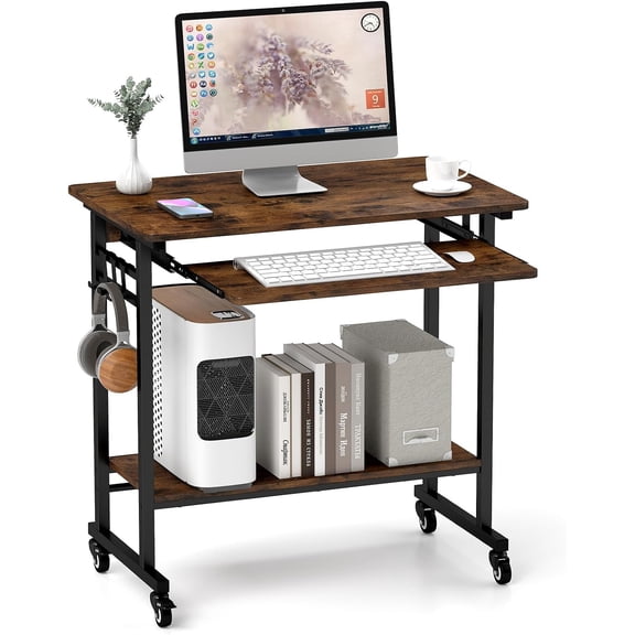 WSWJY Rolling Computer Desk Cart with Keyboard Tray, Mobile Portable Laptop PC Desk with CPU Stand & 3 Hooks for Sofa & Bed, Industrial Small Desk on Wheels for Small Spaces, Home Office Desk
