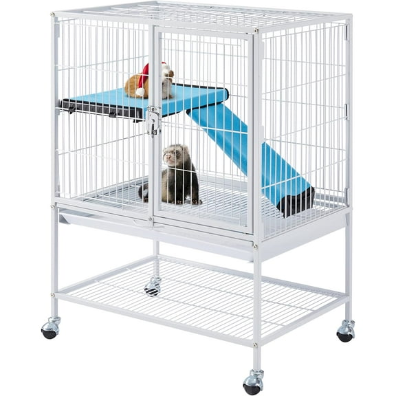 WSWJY Rolling Metal Small Animal Cage for Adult Rats Ferrets Chinchillas Guinea Pigs Single Unit Critter Nation Cage w/Removable Ramp & Platform White