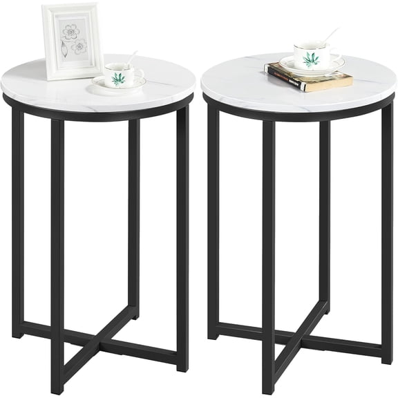 WSWJY Round End Table Set of 2,16in Faux Marble Accent Table,Modern Side Table with Marble Top and Metal Frame,Small Coffee Table Telephone Table for Living Room/Small Space,Black