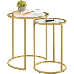 WSWJY Round Nesting Side Table Stacking Coffee Table, Set of 2 Circular End Tables w/Metal Frame & Tempered Glass Top & Protective Foot Pads for Small Space Living Room Office, Mustard Gold