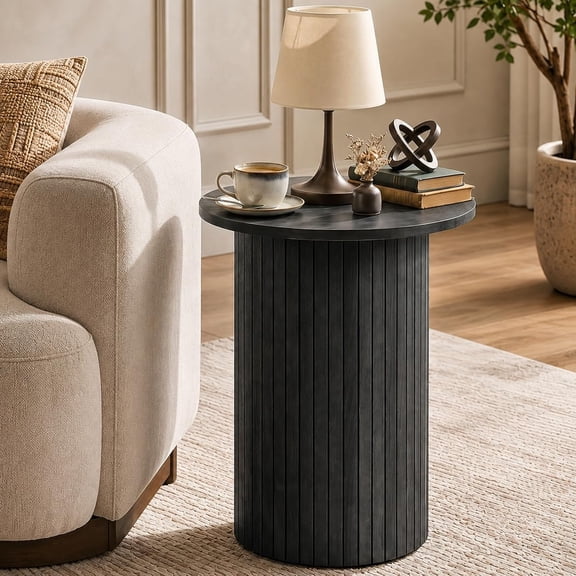 WSWJY Round Side Table, Fluted Mid Century Modern Drum End Table, Black