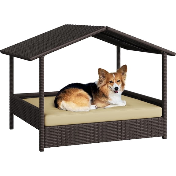 WSWJY Wicker Dog House Outdoor Indoor with Canopy, Elevated Dog Shelter Dog Bed with Cushion for Small/Medium Dogs, Shade for Deck, Patio, Yard, Pool Brown House, Khaki Cushion