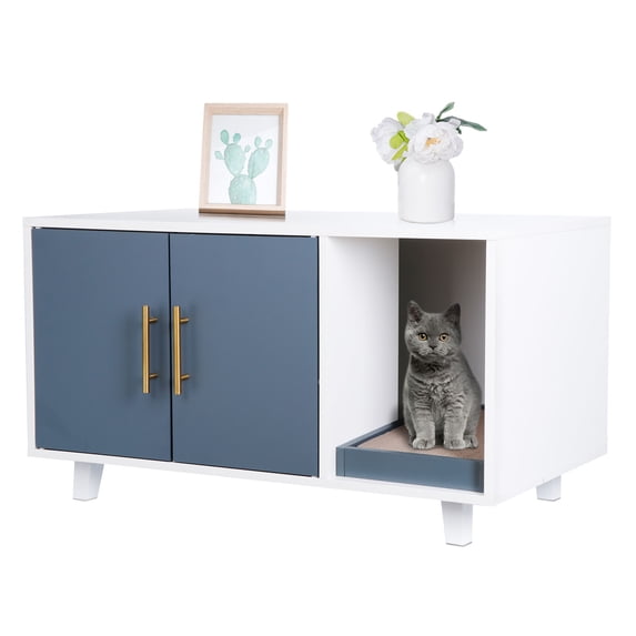 WSWJY Wooden Hidden Cat Litter Box Enclosure Furniture, Decorative Hidden Cat Washroom House, Multi-Style Concealed Cat Litter Cabinet for Indoor Cats 35.8'' White & Blue