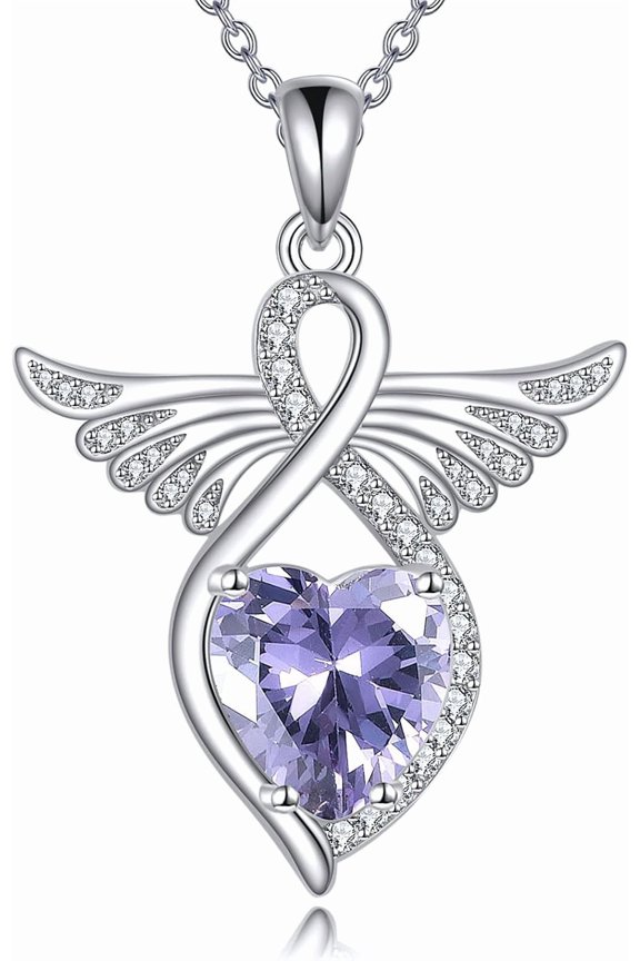 WSX Angel Wings Birthstone Necklace for Women 925 Sterling Silver Infinity Pendant Heart Birthstone Necklaces Birthday Jewelry Gifts for Her
