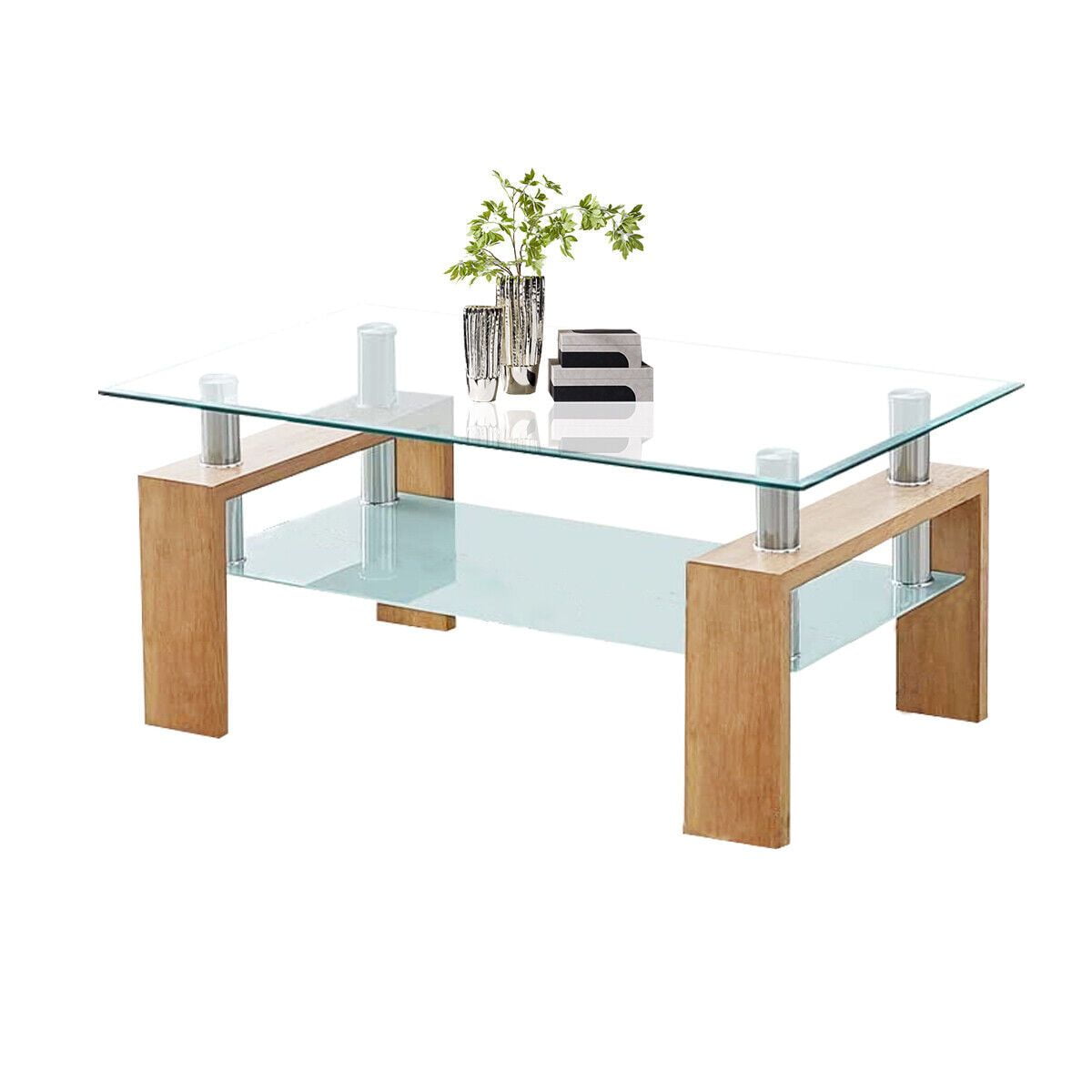 WSYW Modern 2Tier Glass Coffee Table Living Room with Storage Shelves
