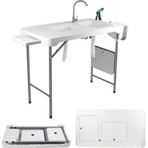 WSYW Portable Folding Camping Table with Double Sink, Fishing Cleaning Table with Faucet Hose Hook for Picnic Camping Gardening Kitchen, White
