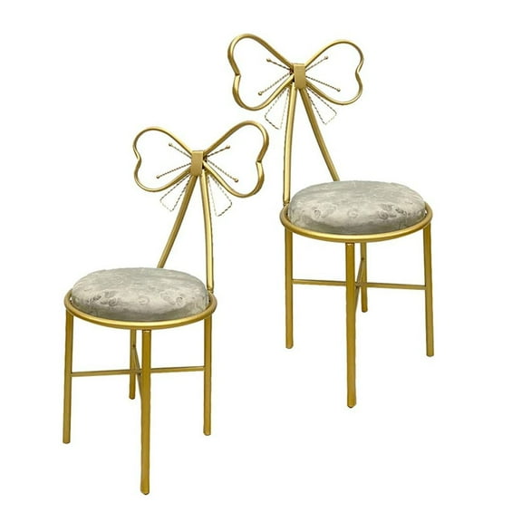 WSYW Set of 2 Wrought Iron Dressing Stool Makeup Vanity Chairs with Butterfly Bow Velvet Fabric