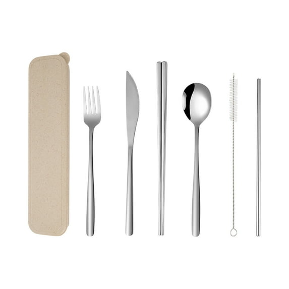 WSZZL Korean Stainless Steel Cutlery Set - 7 Piece Portable Knife Fork Spoon Chopsticks Straw Cleaning Brush Storage Bag, Ideal for Camping, Picnics & Outdoor Dining, Durable & Rustproof Design