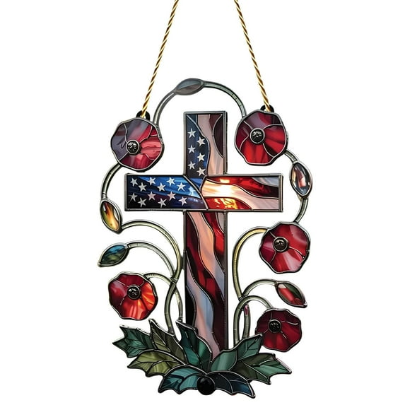 WSZZL Patriotic SunCatcher, Handcrafted Window Art, Red Poppies Design, Celebratory Decor, Honoring Veterans, Ideal for Home Decoration, Meaningful Gift for Patriotic Occasions