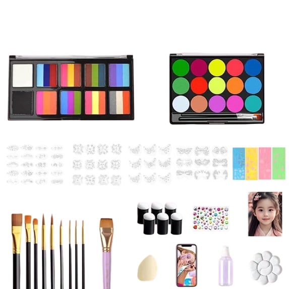 WSZZL Washable Face Paint Kits for Beginners, Complete with Brushes, Stencils, Sponges, and Glitter Stickers, Perfect for Parties and Events, Ideal for Creative Expression and Family Fun