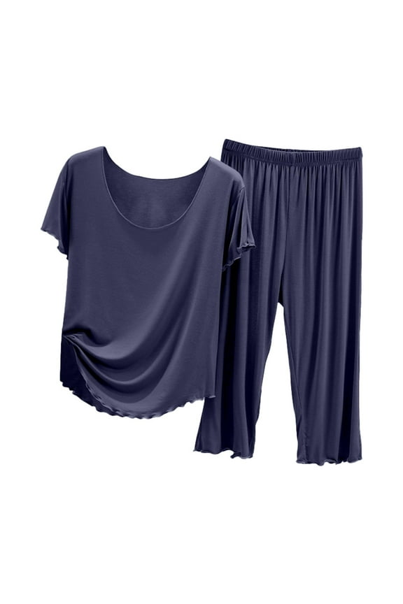 WSereluxe Pajama Set, omen's Summer Short Sleeve Top with Capri Pants Pajama Set Lightweight Casual Home Wear for Ladies, Womens Pajamas Set, for Size M