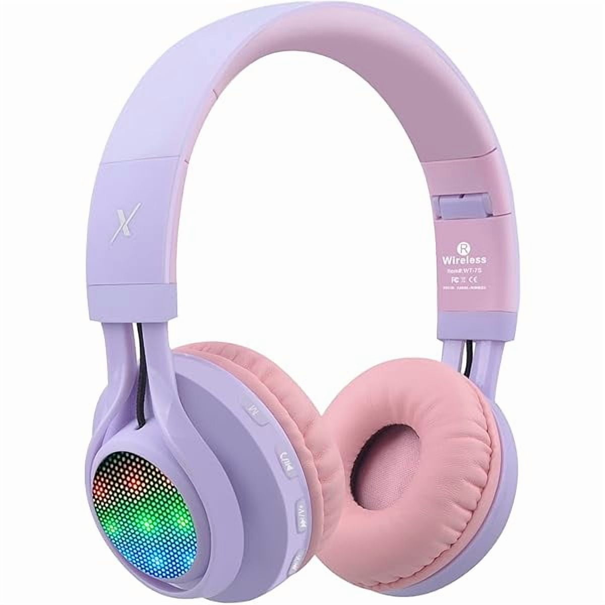 WT-7S Kids Bluetooth Headphones Light Up, Foldable Stero Wireless Headset with Microphone and Volume Control for PC/Tablet/TV/Travel (Purple)