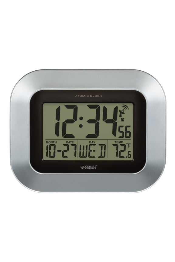 Atomic Digital Silver Table/Wall Clock with Indoor Temperature, WT-8005U-S