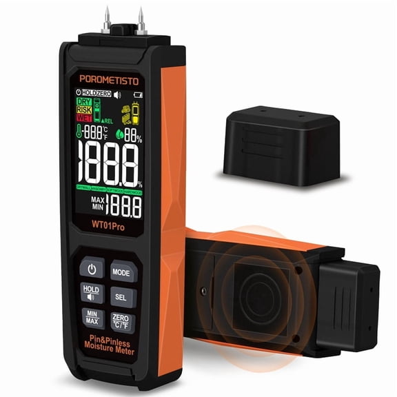 POROMETISTO WT01Pro 2in1 Pin & Pinless Moisture Meter, NonDestructive Tester for Wood, Masonry & Drywall, AudibleVisual Alarm, 4 Modes, Ambient Temp & Humidity Detector for Furniture