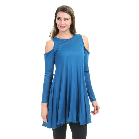WT1438 Womens Long Sleeve Open Cold Shoulder Long Tunic Top XL Teal