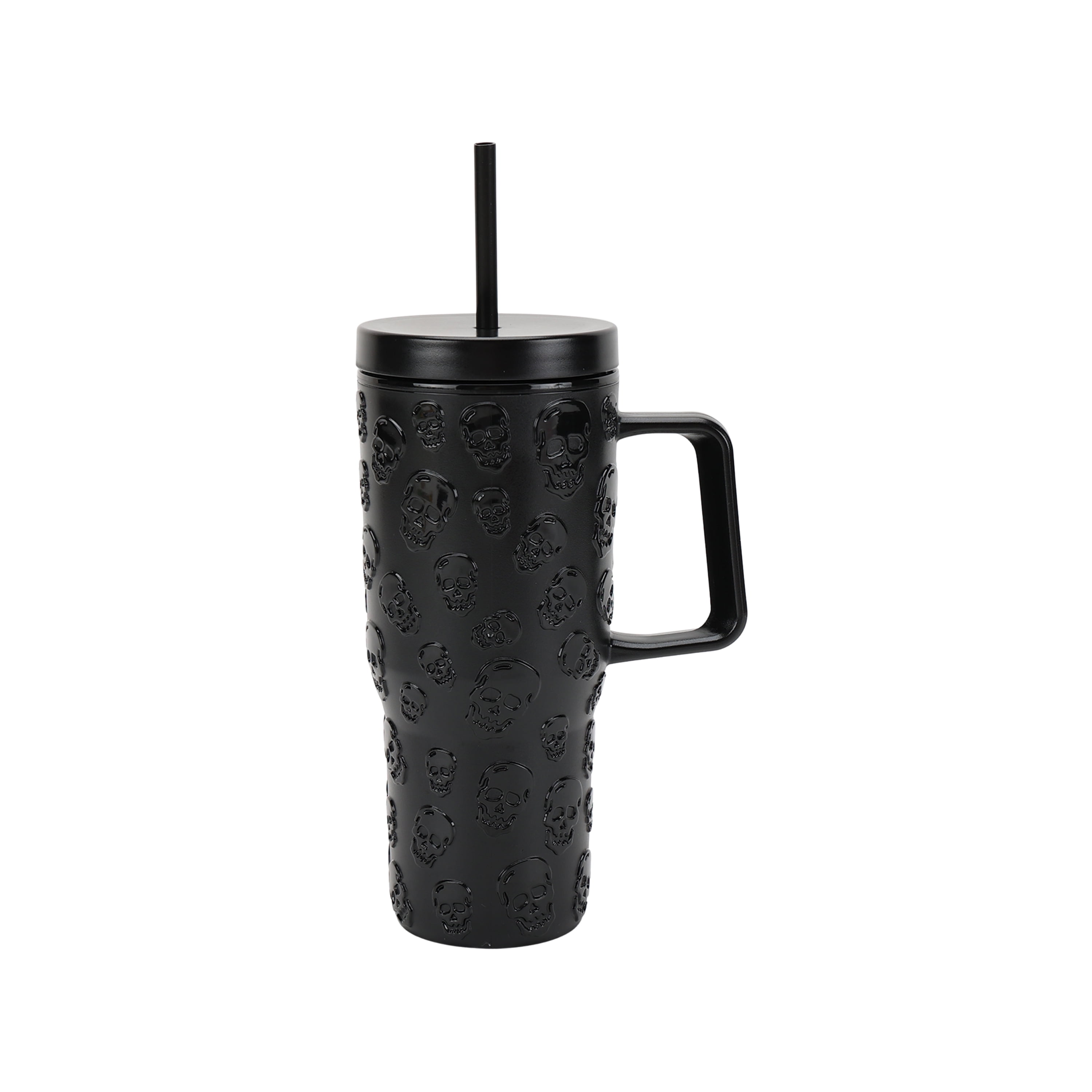 Way To Celebrate 30 Ounce Acrylic Double Wall Embossed Skull Tumbler with Straw and Handle, Black